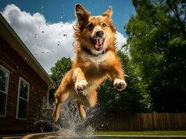 mojado y alegre perro saltando dentro un piscina en un caliente verano día ai generativo foto