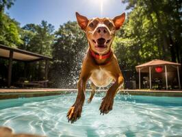 mojado y alegre perro saltando dentro un piscina en un caliente verano día ai generativo foto