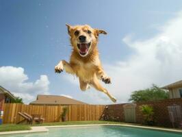 Wet and joyful dog leaping into a pool on a hot summer day AI Generative photo