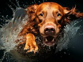 Wet and joyful dog leaping into a pool on a hot summer day AI Generative photo