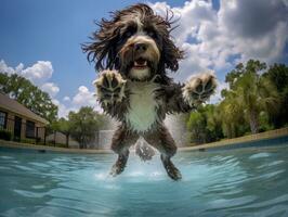 Wet and joyful dog leaping into a pool on a hot summer day AI Generative photo