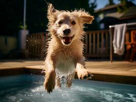 Wet and joyful dog leaping into a pool on a hot summer day AI Generative photo