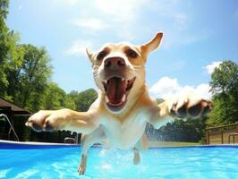 Wet and joyful dog leaping into a pool on a hot summer day AI Generative photo