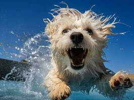 mojado y alegre perro saltando dentro un piscina en un caliente verano día ai generativo foto