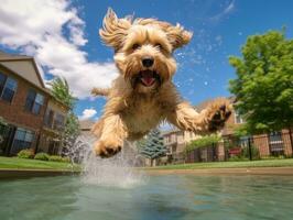 mojado y alegre perro saltando dentro un piscina en un caliente verano día ai generativo foto