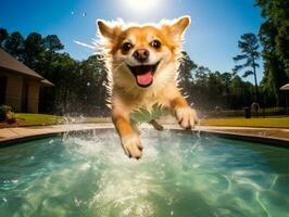 mojado y alegre perro saltando dentro un piscina en un caliente verano día ai generativo foto