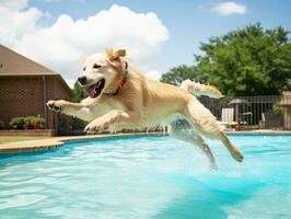 Wet and joyful dog leaping into a pool on a hot summer day AI Generative photo