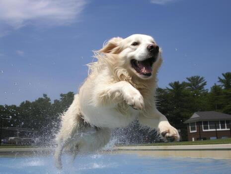 Wet and joyful dog leaping into a pool on a hot summer day AI Generative photo