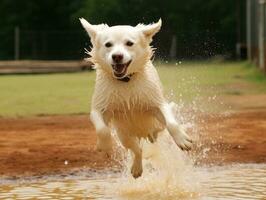 Wet and joyful dog leaping into a pool on a hot summer day AI Generative photo