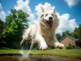 Wet and joyful dog leaping into a pool on a hot summer day AI Generative photo