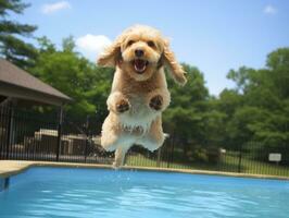 mojado y alegre perro saltando dentro un piscina en un caliente verano día ai generativo foto