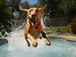 Wet and joyful dog leaping into a pool on a hot summer day AI Generative photo