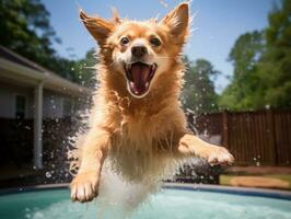 Wet and joyful dog leaping into a pool on a hot summer day AI Generative photo