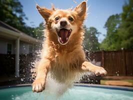 mojado y alegre perro saltando dentro un piscina en un caliente verano día ai generativo foto