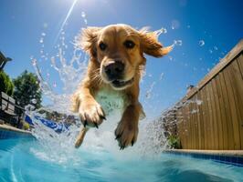 mojado y alegre perro saltando dentro un piscina en un caliente verano día ai generativo foto