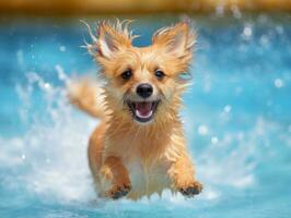 Wet and joyful dog leaping into a pool on a hot summer day AI Generative photo