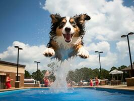 Wet and joyful dog leaping into a pool on a hot summer day AI Generative photo