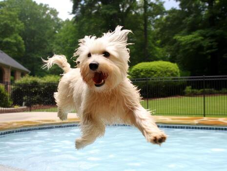 Wet and joyful dog leaping into a pool on a hot summer day AI Generative photo