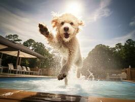 mojado y alegre perro saltando dentro un piscina en un caliente verano día ai generativo foto