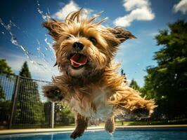 mojado y alegre perro saltando dentro un piscina en un caliente verano día ai generativo foto