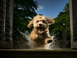 Wet and joyful dog leaping into a pool on a hot summer day AI Generative photo