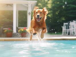 Wet and joyful dog leaping into a pool on a hot summer day AI Generative photo