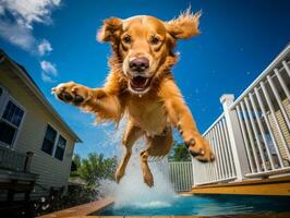mojado y alegre perro saltando dentro un piscina en un caliente verano día ai generativo foto