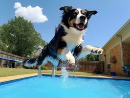 Wet and joyful dog leaping into a pool on a hot summer day AI Generative photo