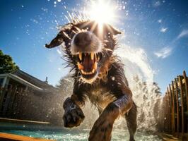 mojado y alegre perro saltando dentro un piscina en un caliente verano día ai generativo foto