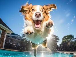 Wet and joyful dog leaping into a pool on a hot summer day AI Generative photo