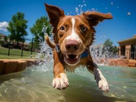 mojado y alegre perro saltando dentro un piscina en un caliente verano día ai generativo foto