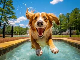 mojado y alegre perro saltando dentro un piscina en un caliente verano día ai generativo foto