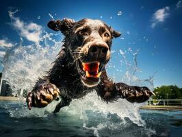 Wet and joyful dog leaping into a pool on a hot summer day AI Generative photo