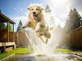 Wet and joyful dog leaping into a pool on a hot summer day AI Generative photo