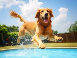 Wet and joyful dog leaping into a pool on a hot summer day AI Generative photo