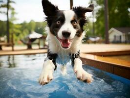 Wet and joyful dog leaping into a pool on a hot summer day AI Generative photo