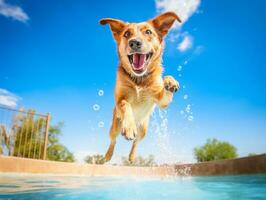 Wet and joyful dog leaping into a pool on a hot summer day AI Generative photo