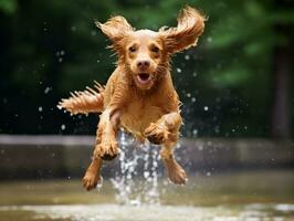 Wet and joyful dog leaping into a pool on a hot summer day AI Generative photo