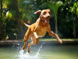 Wet and joyful dog leaping into a pool on a hot summer day AI Generative photo