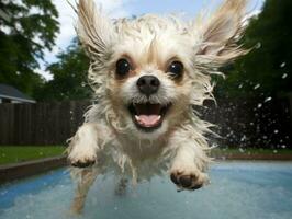 Wet and joyful dog leaping into a pool on a hot summer day AI Generative photo