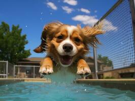 Wet and joyful dog leaping into a pool on a hot summer day AI Generative photo