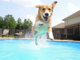 mojado y alegre perro saltando dentro un piscina en un caliente verano día ai generativo foto