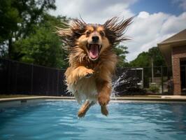 Wet and joyful dog leaping into a pool on a hot summer day AI Generative photo