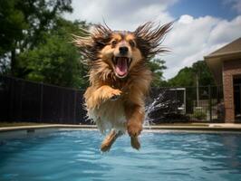 mojado y alegre perro saltando dentro un piscina en un caliente verano día ai generativo foto