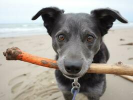 Trusty dog with a stick in its mouth ready for a game of fetch AI Generative photo