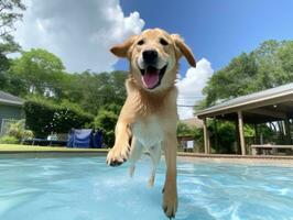 mojado y alegre perro saltando dentro un piscina en un caliente verano día ai generativo foto