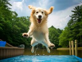 Wet and joyful dog leaping into a pool on a hot summer day AI Generative photo