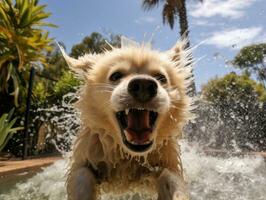 mojado y alegre perro saltando dentro un piscina en un caliente verano día ai generativo foto