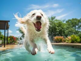 Wet and joyful dog leaping into a pool on a hot summer day AI Generative photo