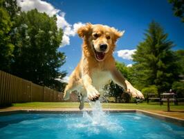 Wet and joyful dog leaping into a pool on a hot summer day AI Generative photo